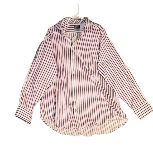 THOMAS DEAN Mens XXL Striped Button Down Dress Shirt White Purple Blue Long Slee - Picture 1 of 7